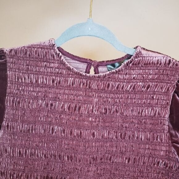 NWT Wine Velvet Smocked Puff Sleeve Mini Dress Size Small - Picture 8 of 9
